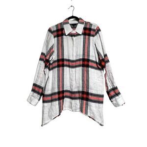 Worth New York Plaid Linen Asymmetrical Button Up Tunic Blouse Size Large